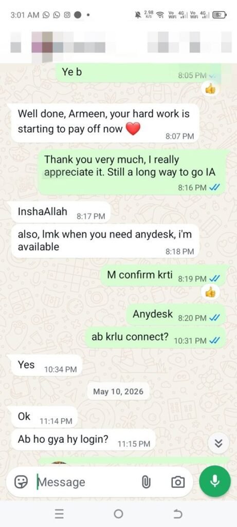 Client WhatsApp feedback for Vision by Husnain eBay account management services