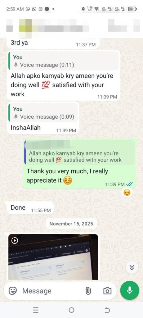Client WhatsApp feedback for Vision by Husnain eBay account management services