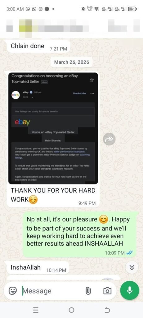 Client WhatsApp feedback for Vision by Husnain eBay account management services