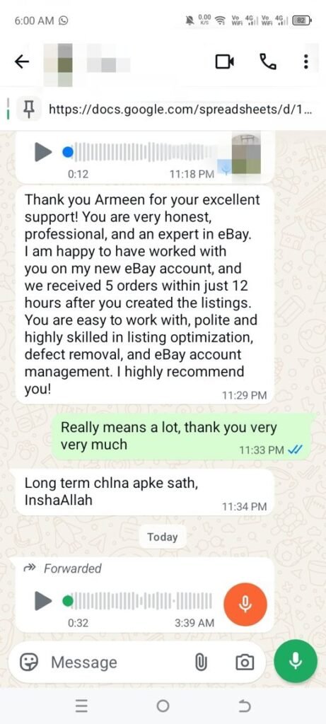 Client WhatsApp feedback for Vision by Husnain eBay account management services